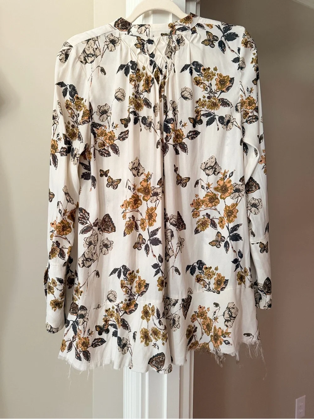 Free People White Floral Peasant Blouse with Mustard and Black Print